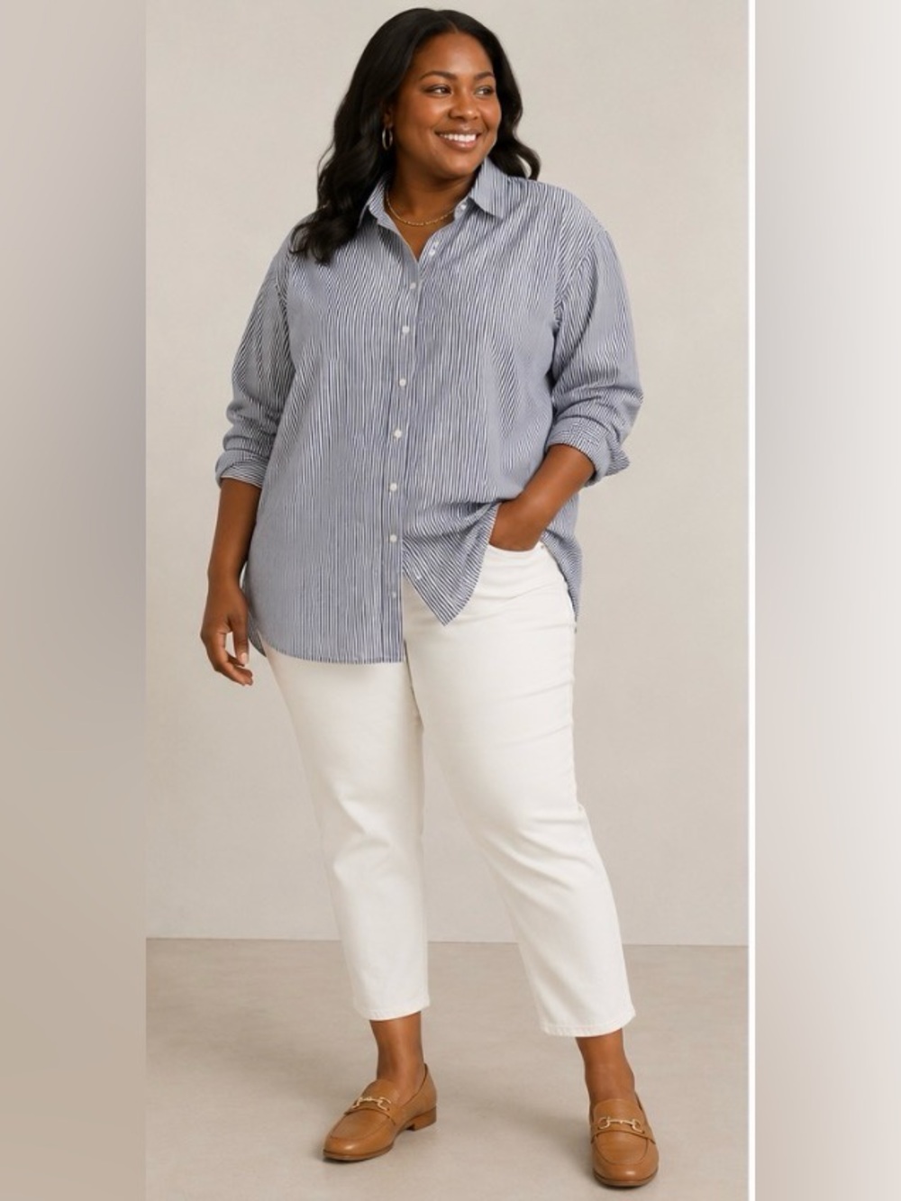 J. Crew Relaxed Oversized Striped Cotton Button Down Shirt Navy White Size 18